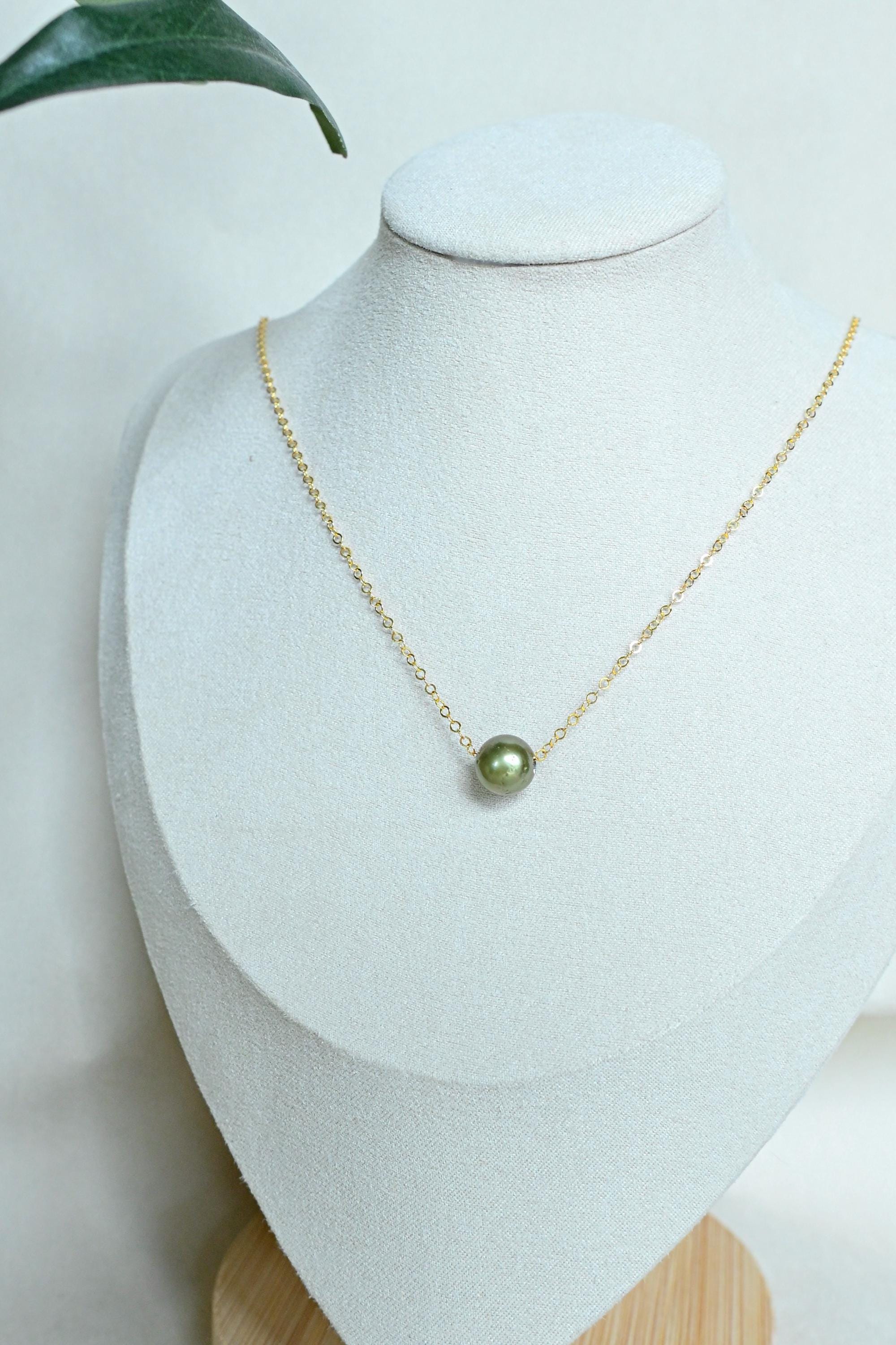 Single floating Pistachio Tahitian pearl necklace gold filled satellite chain