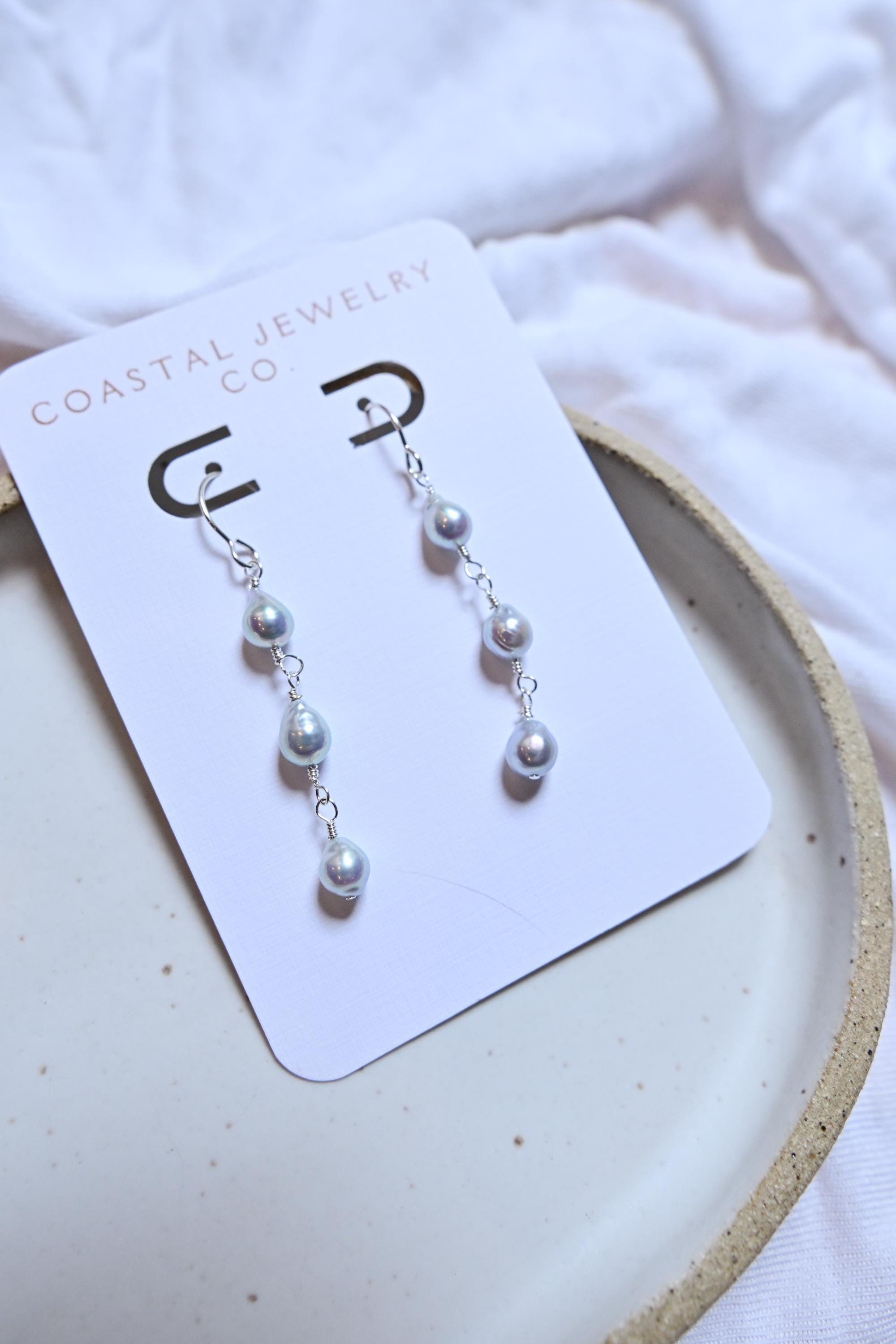 Blue Akoya Pearl Dangle Earrings Sterling Silver