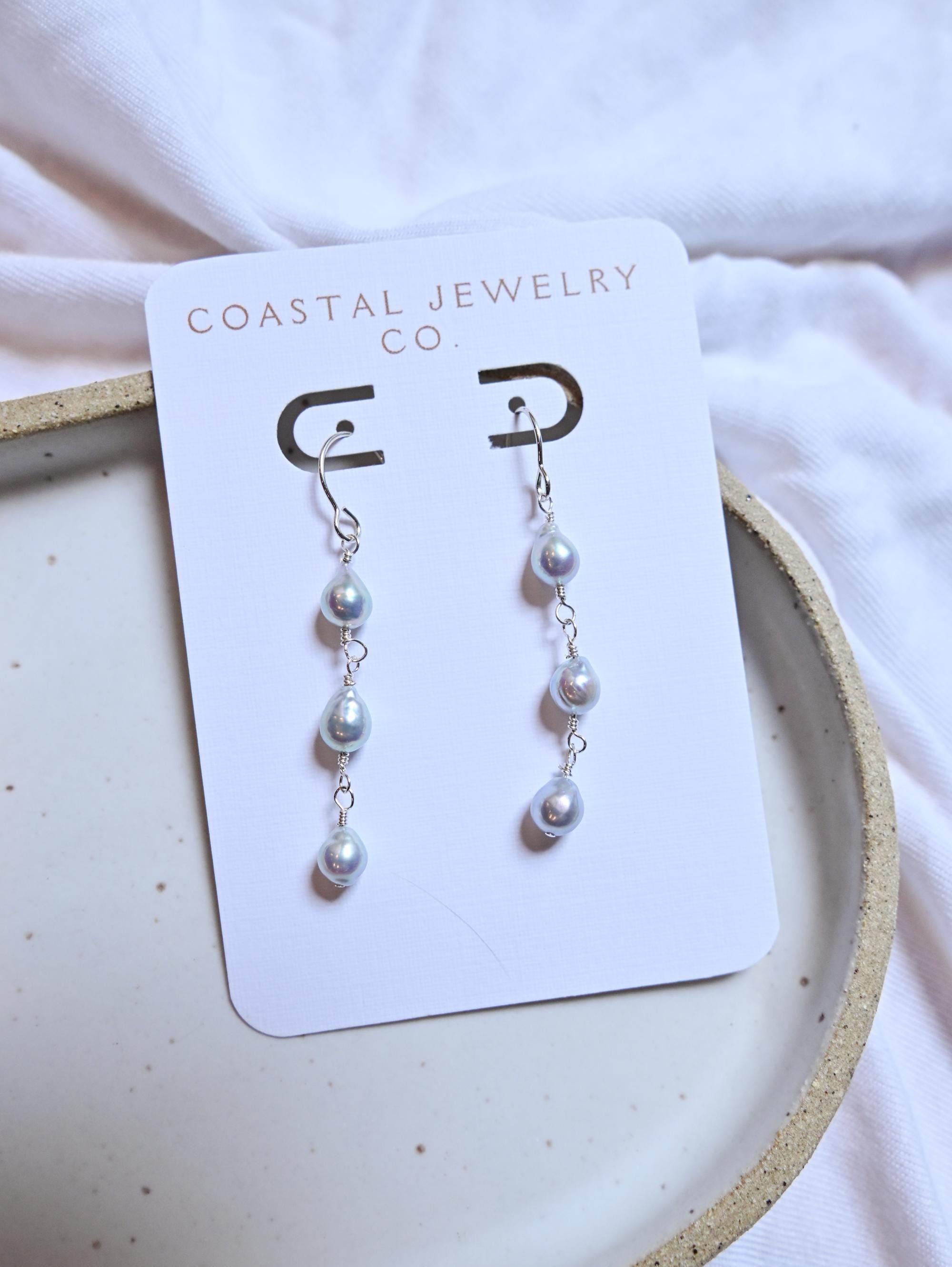 Blue Akoya Pearl Dangle Earrings Sterling Silver