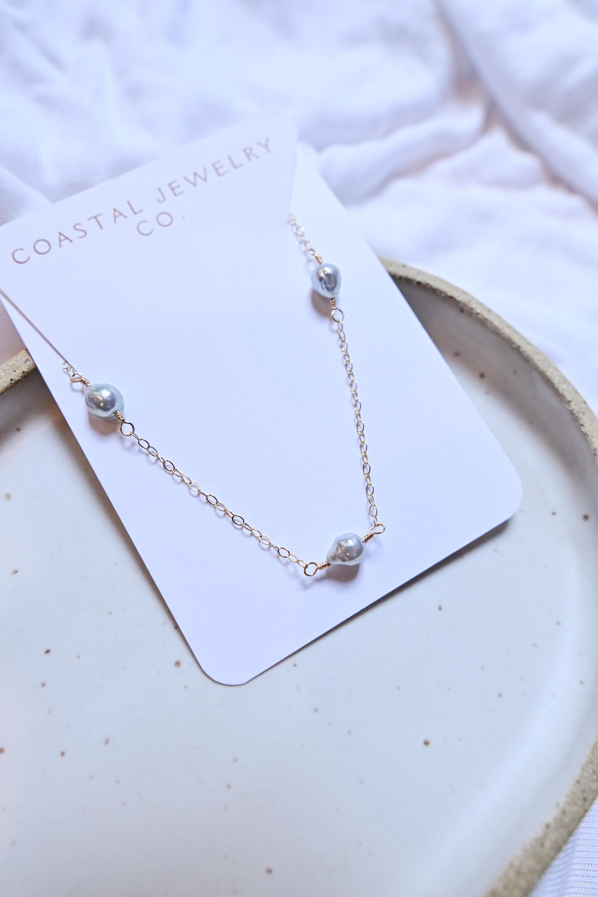 Blue Akoya Pearl Gold Filled Necklace with five pearls