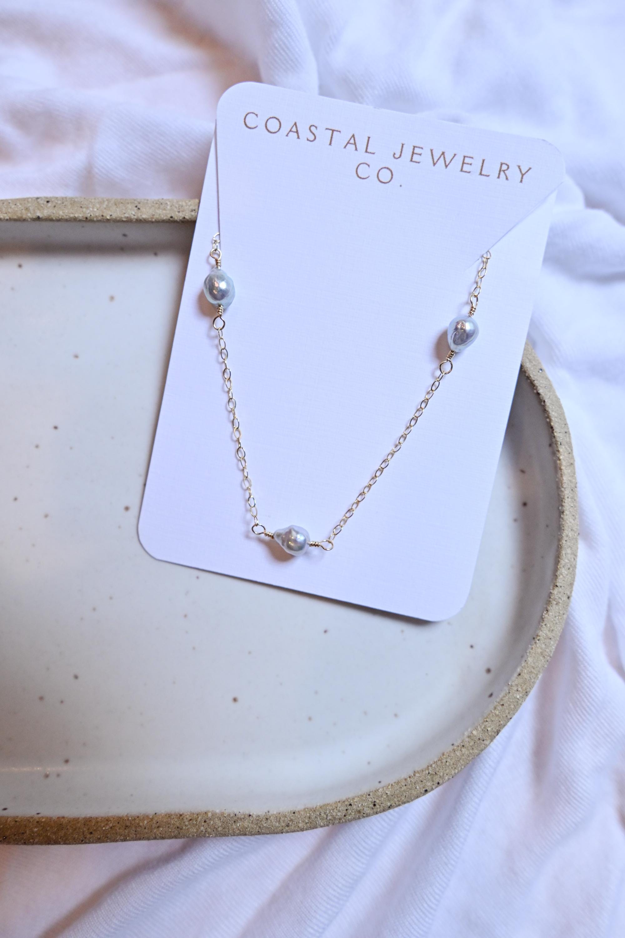 Blue Akoya Pearl Gold Filled Necklace with five pearls