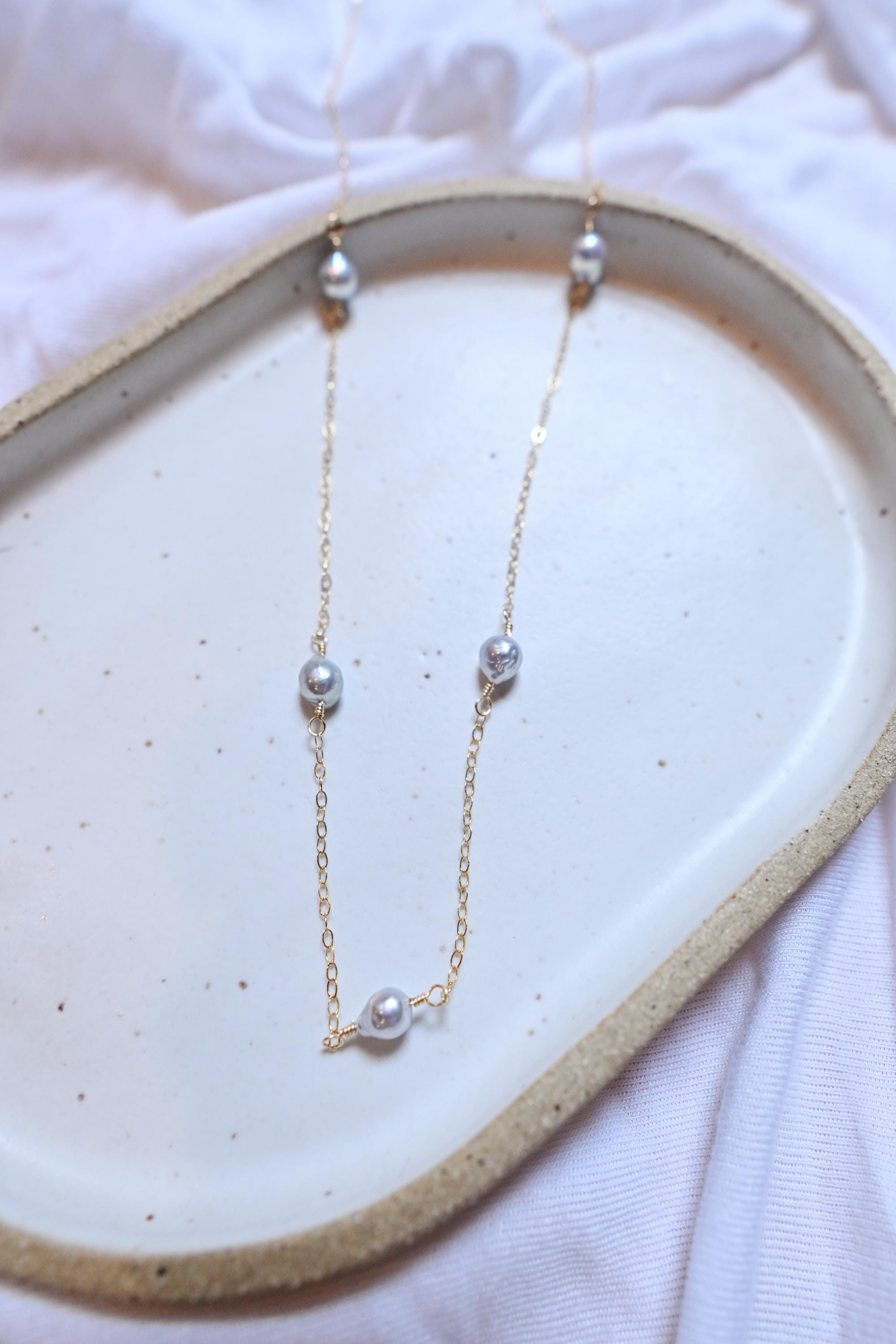 Blue Akoya Pearl Gold Filled Necklace with five pearls