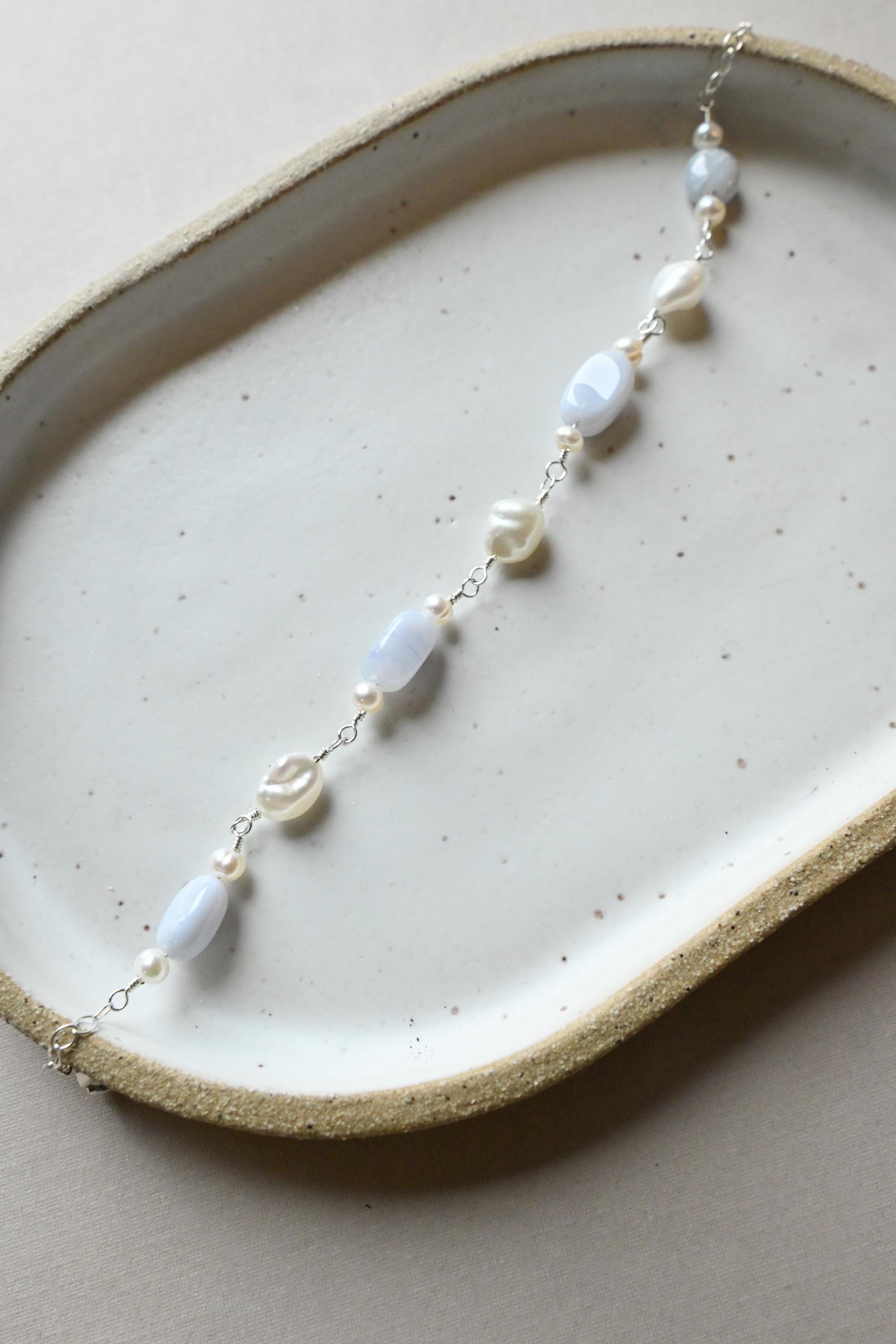 Blue Lace Agate Bracelet, Sterling Silver & Keshi Pearl