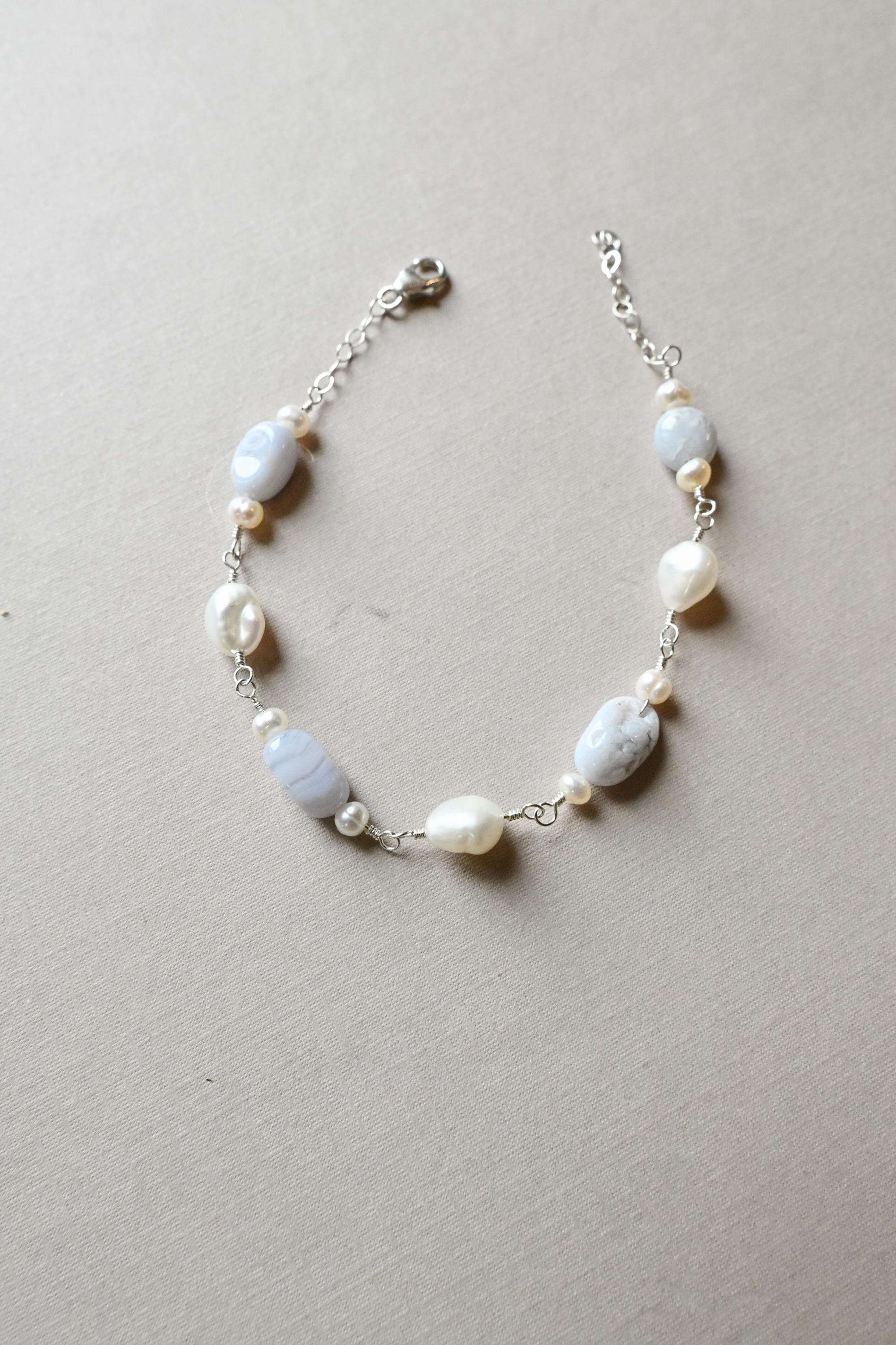 Blue Lace Agate Bracelet, Sterling Silver & Keshi Pearl