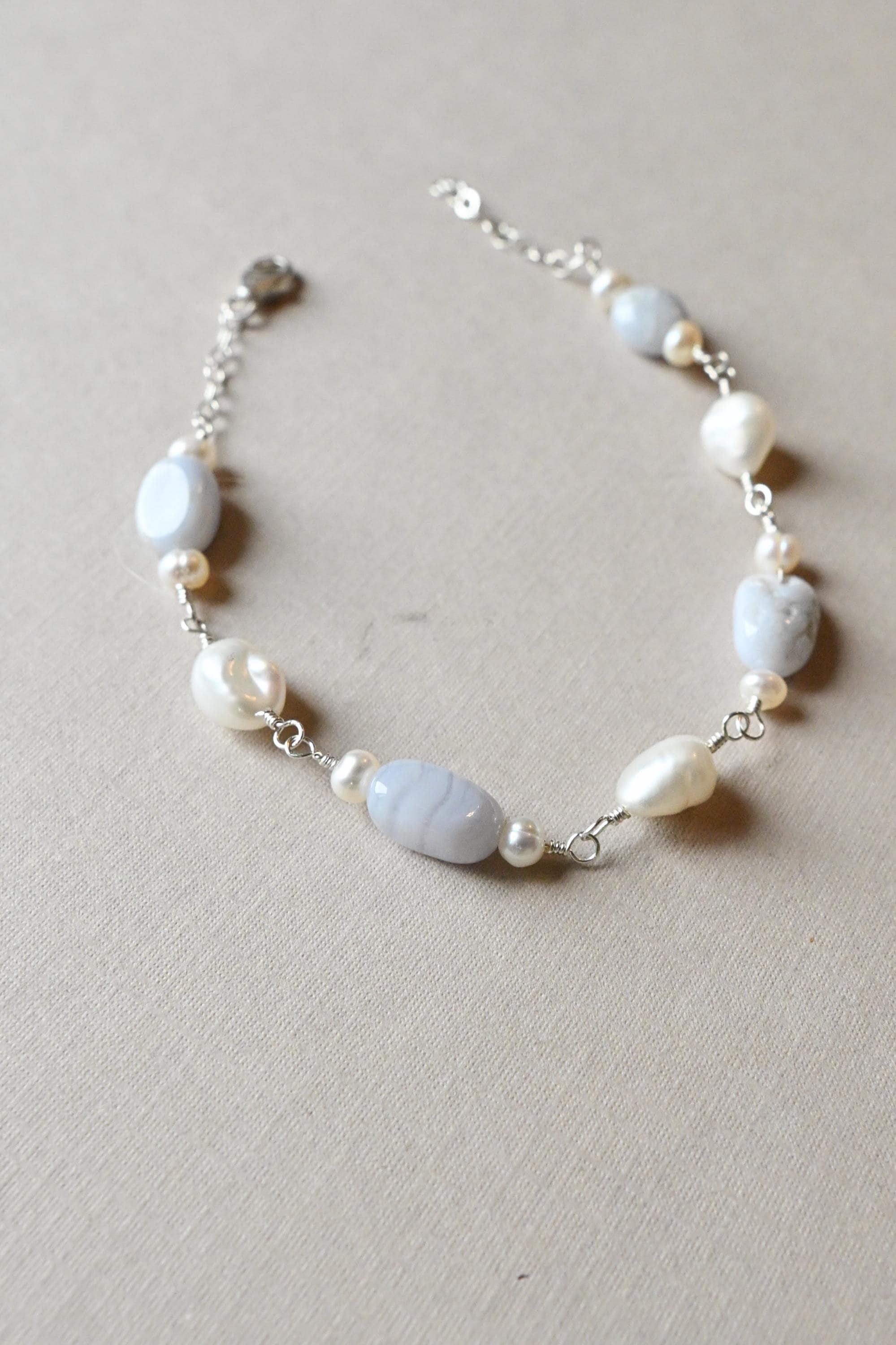Blue Lace Agate Bracelet, Sterling Silver & Keshi Pearl