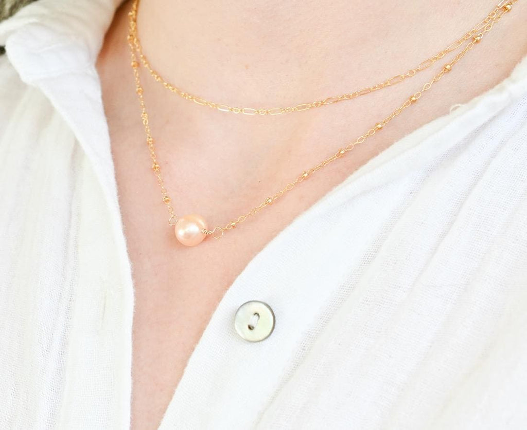 Freshwater pearl necklace paired with stackable gold filled chain