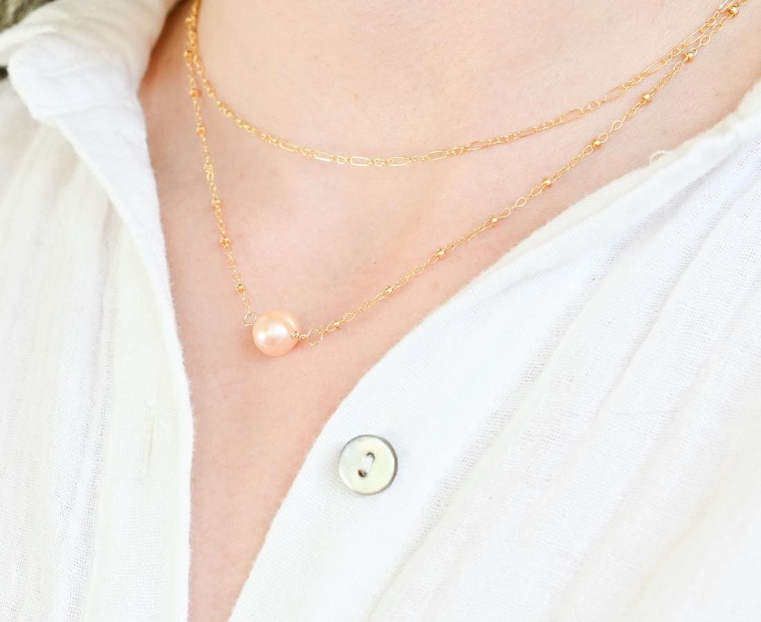 Freshwater pearl necklace paired with stackable gold filled chain