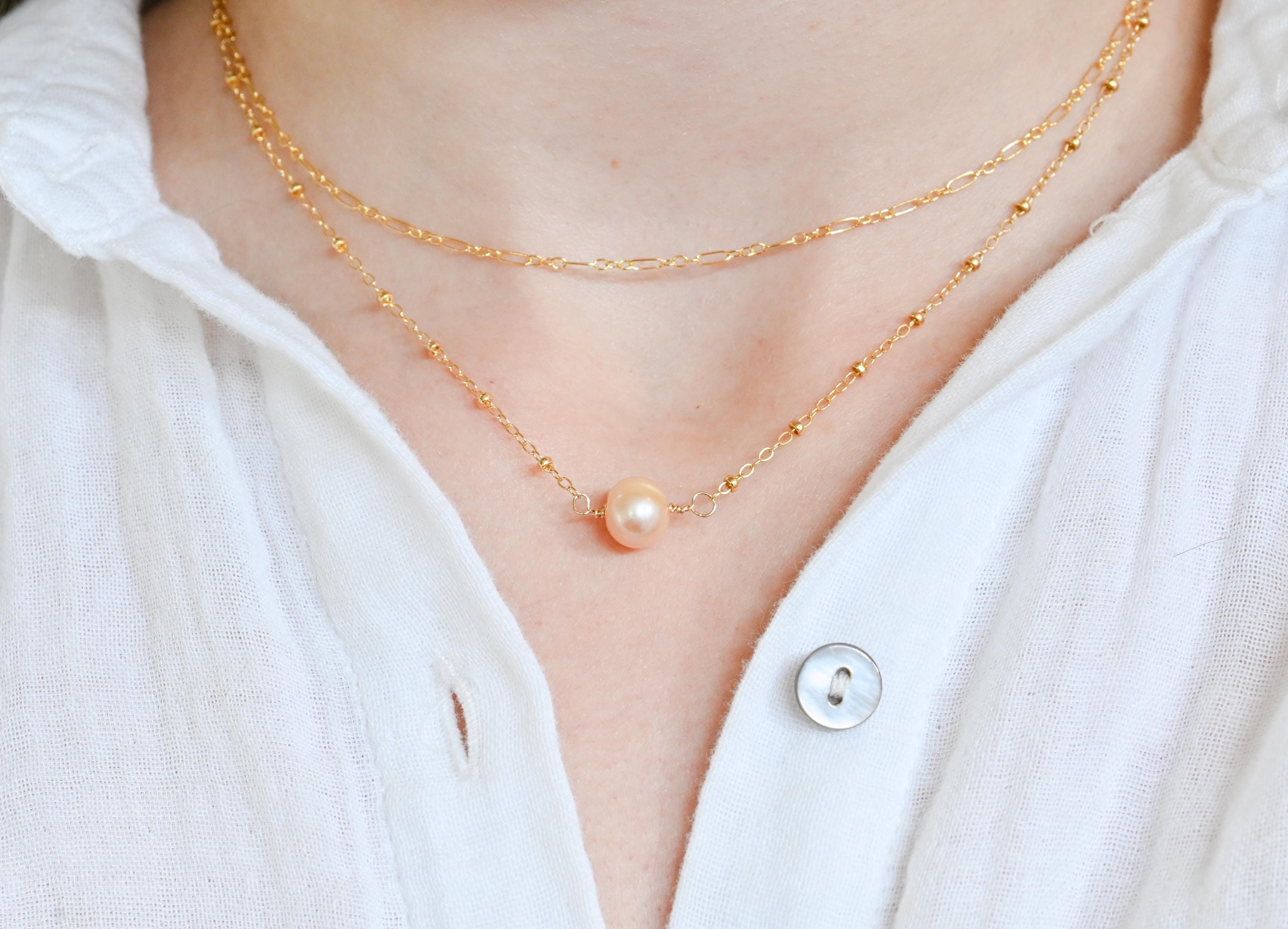 Freshwater pearl necklace paired with stackable gold filled chain