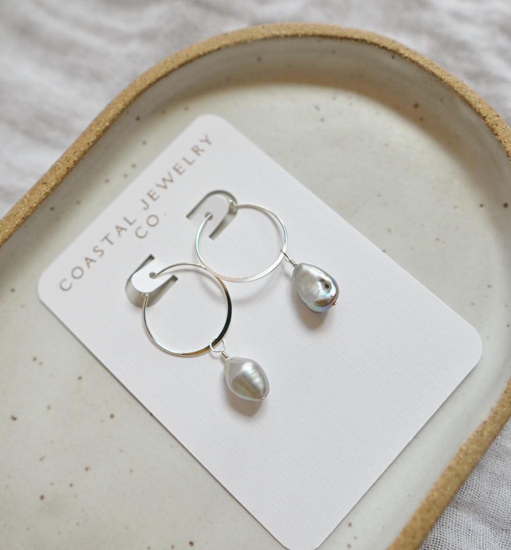Minimalist 20mm Sterling Silver hoops highlighting Exquisite grey Keshi Pearls (etsy image id: 7423896658)