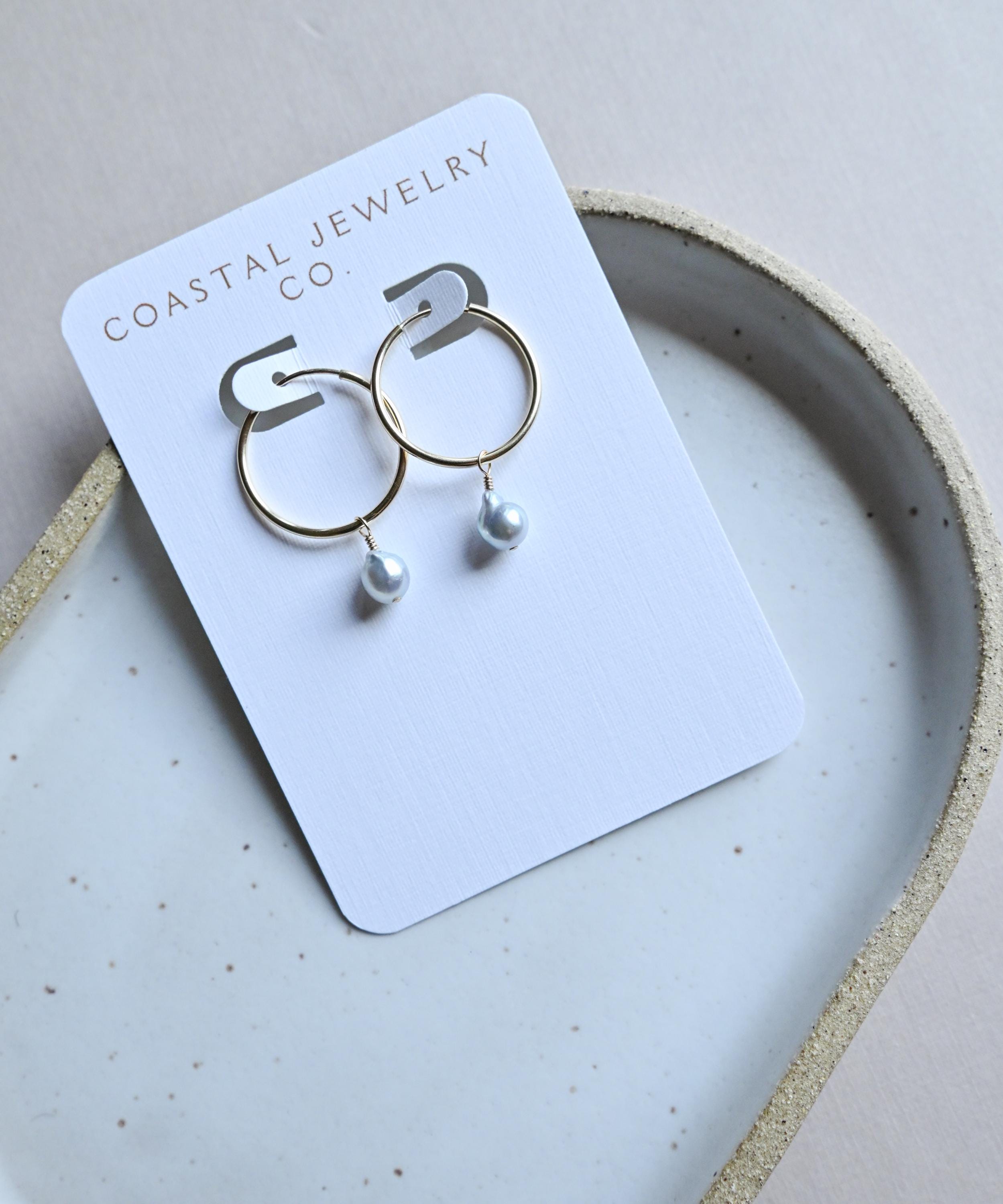 Blue Akoya Pearl Gold Filled Sleeper Hoop Earrings 20mm (etsy image id: 7558971960)