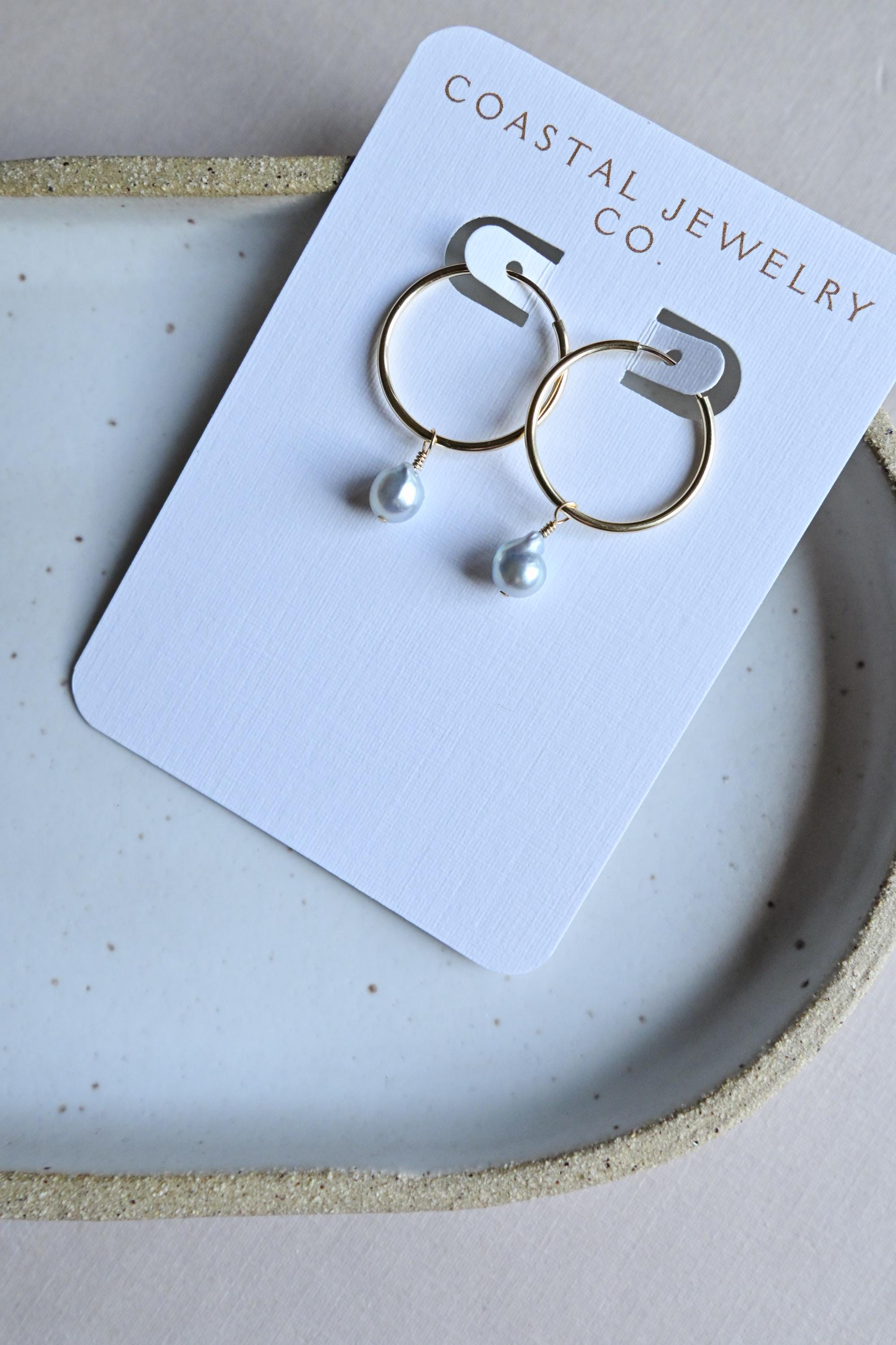 Blue Akoya Pearl Gold Filled Sleeper Hoop Earrings 20mm (etsy image id: 7558973518)