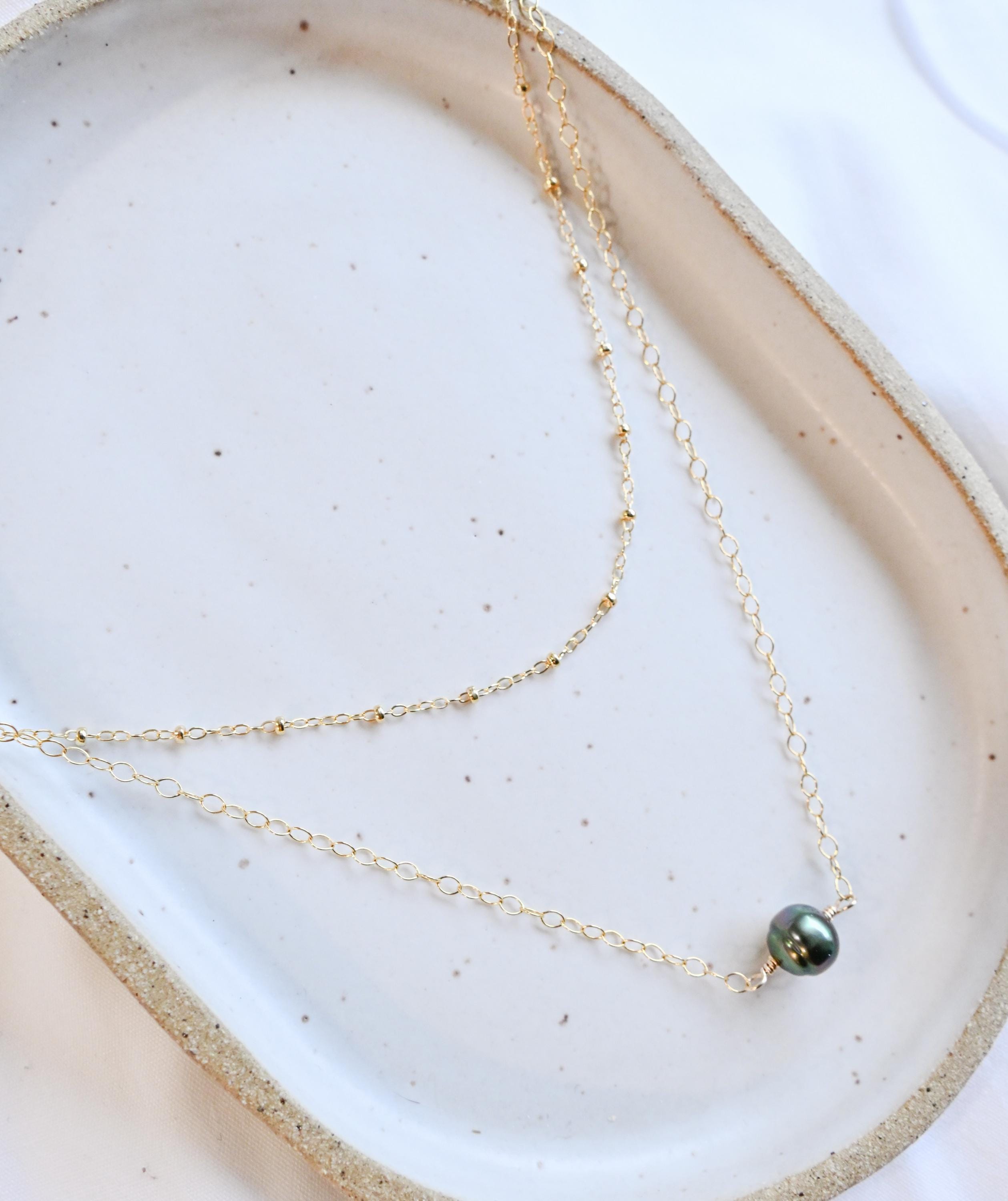 14k Gold Filled Tahitian 8mm Pearl necklace layered with satellite chain (etsy image id: 7595346336)