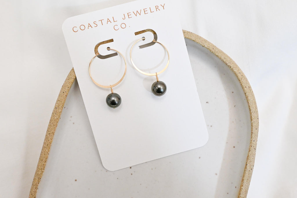 Dark Tahitian 8mm pearl gold filled hoop earrings (etsy image id: 7640578255)