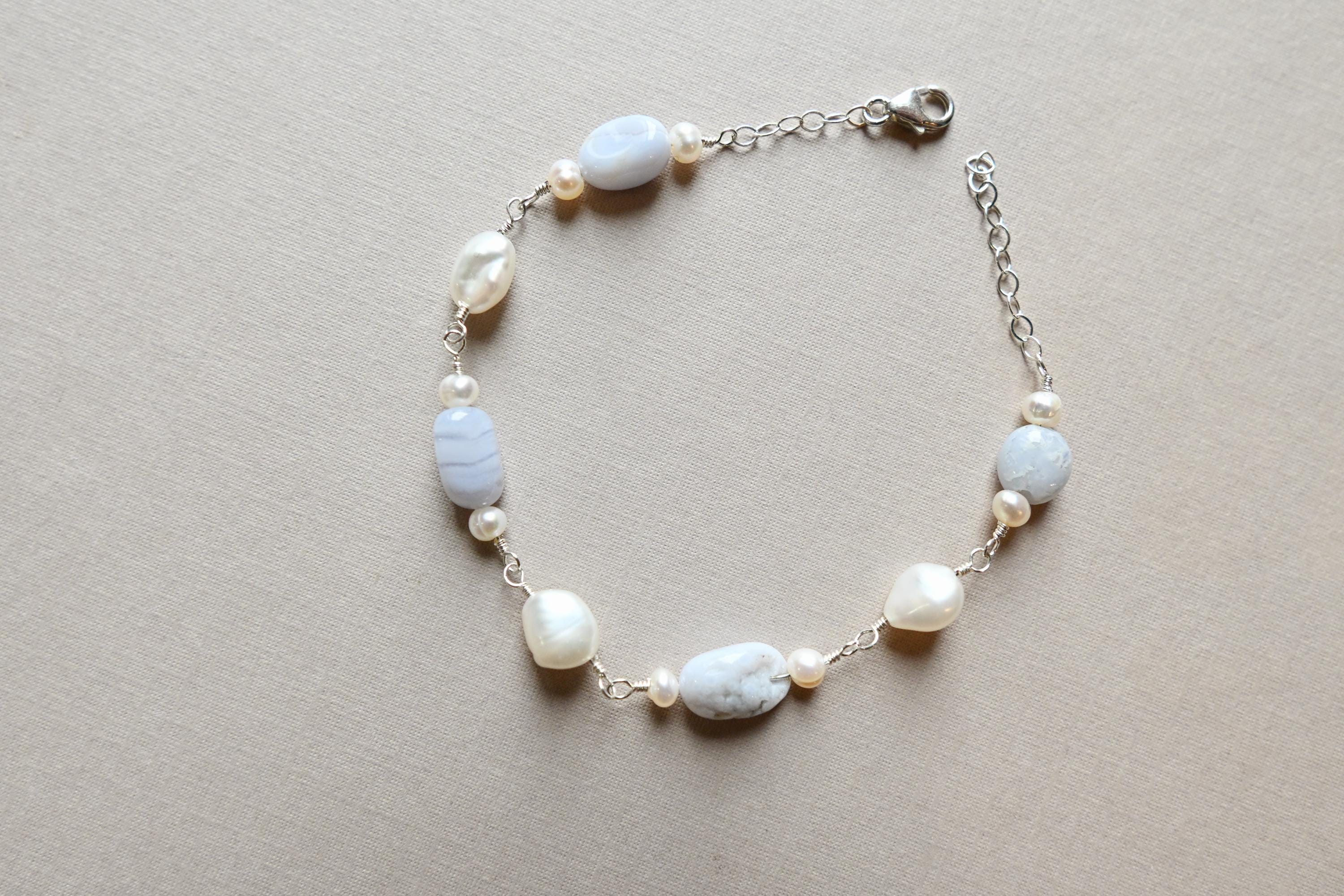Blue Lace Agate Bracelet, Sterling Silver & Keshi Pearl (etsy image id: 7648193084)