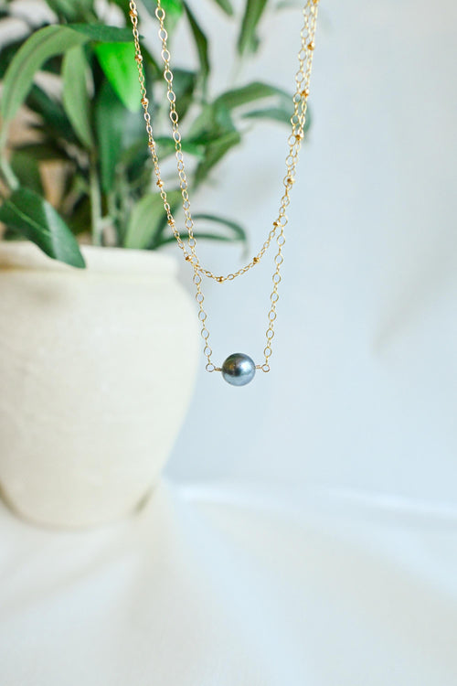 14k Gold Filled Tahitian 8mm Pearl necklace layered with satellite chain (etsy image id: 7822839148)