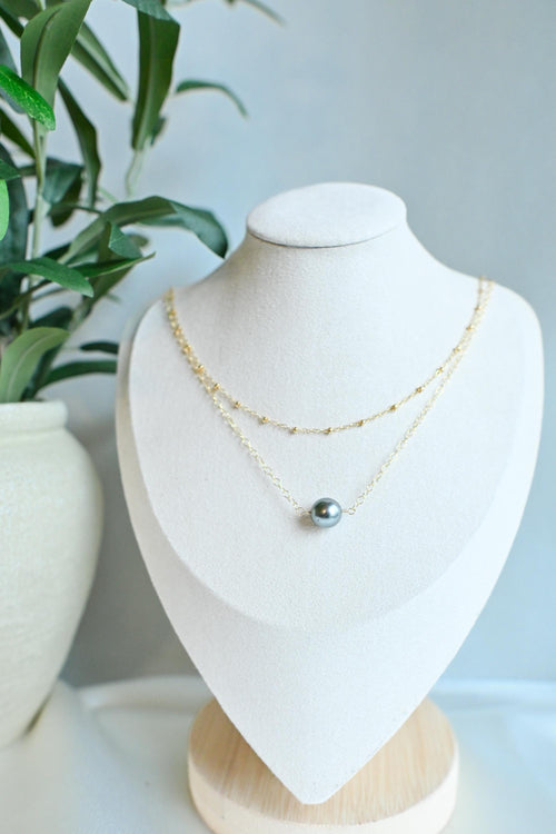 14k Gold Filled Tahitian 8mm Pearl necklace layered with satellite chain (etsy image id: 7870523021)