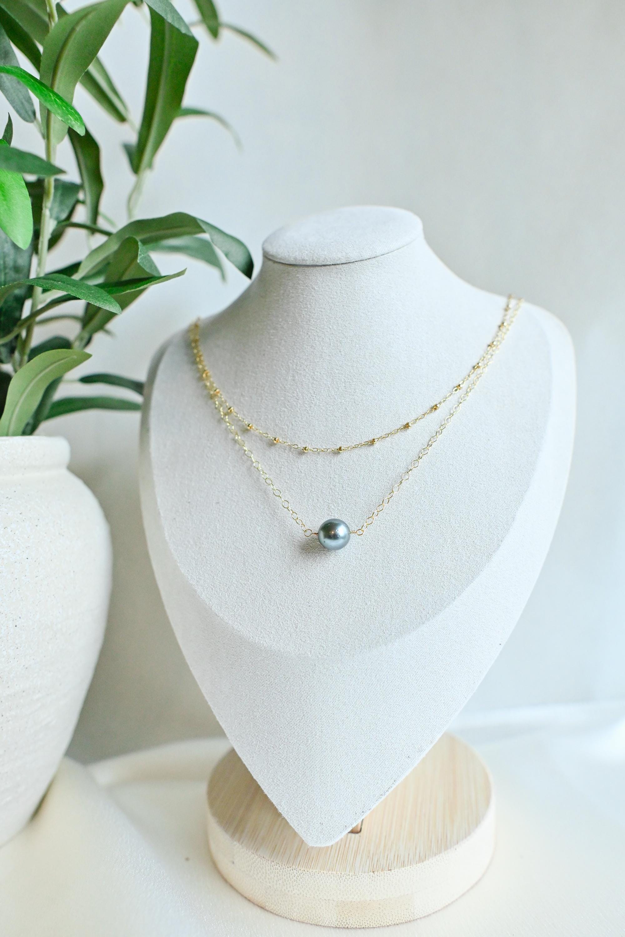 14k Gold Filled Tahitian 8mm Pearl necklace layered with satellite chain (etsy image id: 7870787855)