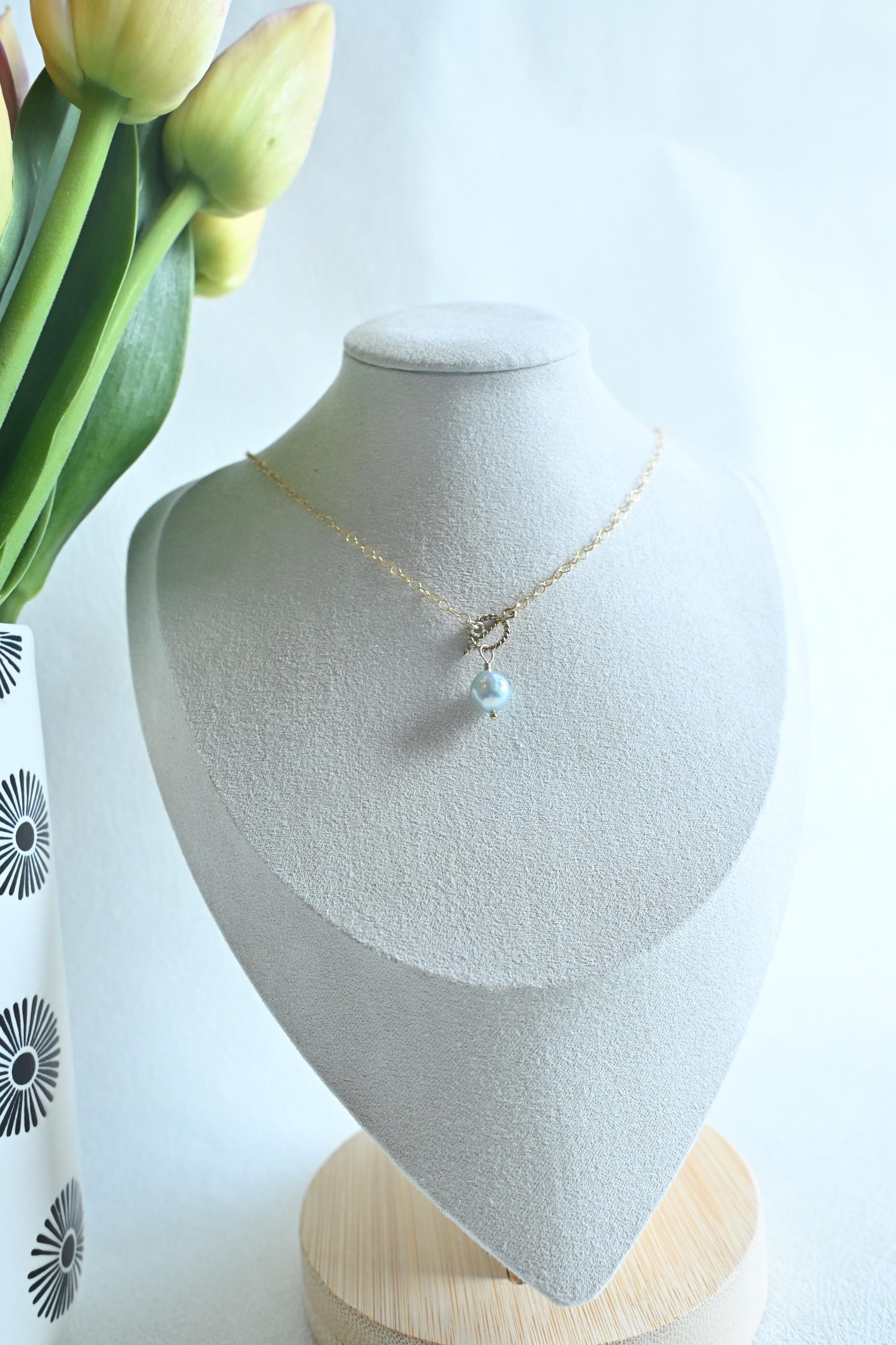 Single Large near-round blue Akoya Pearl with toggle clasp closure (etsy image id: 7878905910)