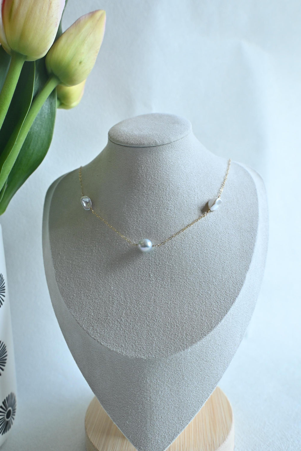 Large near-round blue Akoya Pearl with white Keshi freshwater pearl necklace - gold filled (etsy image id: 7878926244)