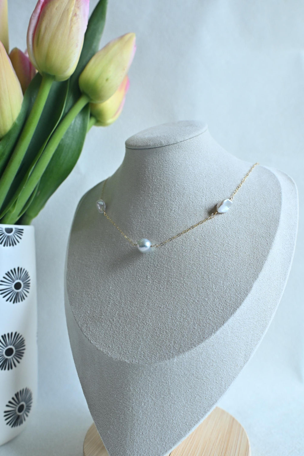 Large near-round blue Akoya Pearl with white Keshi freshwater pearl necklace - gold filled (etsy image id: 7878926266)