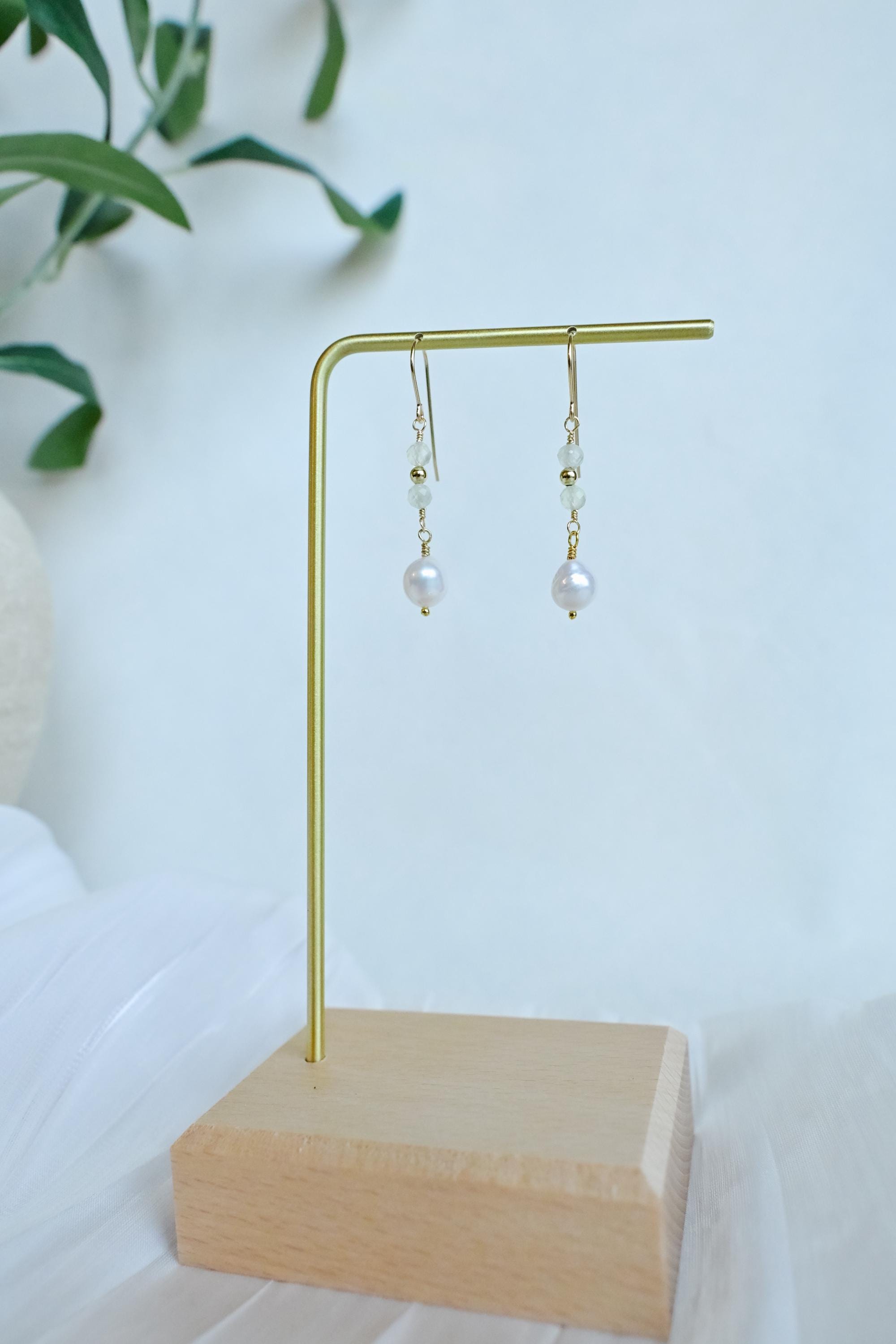 Gold Filled Prehnite earrings with white Keshi freshwater pearl (etsy image id: 7909671640)