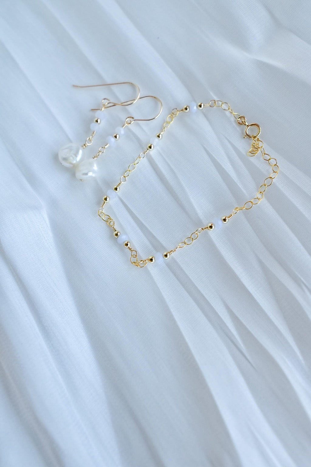 Gold Filled Chalcedomy earrings with white Keshi freshwater pearl (etsy image id: 7909715078)