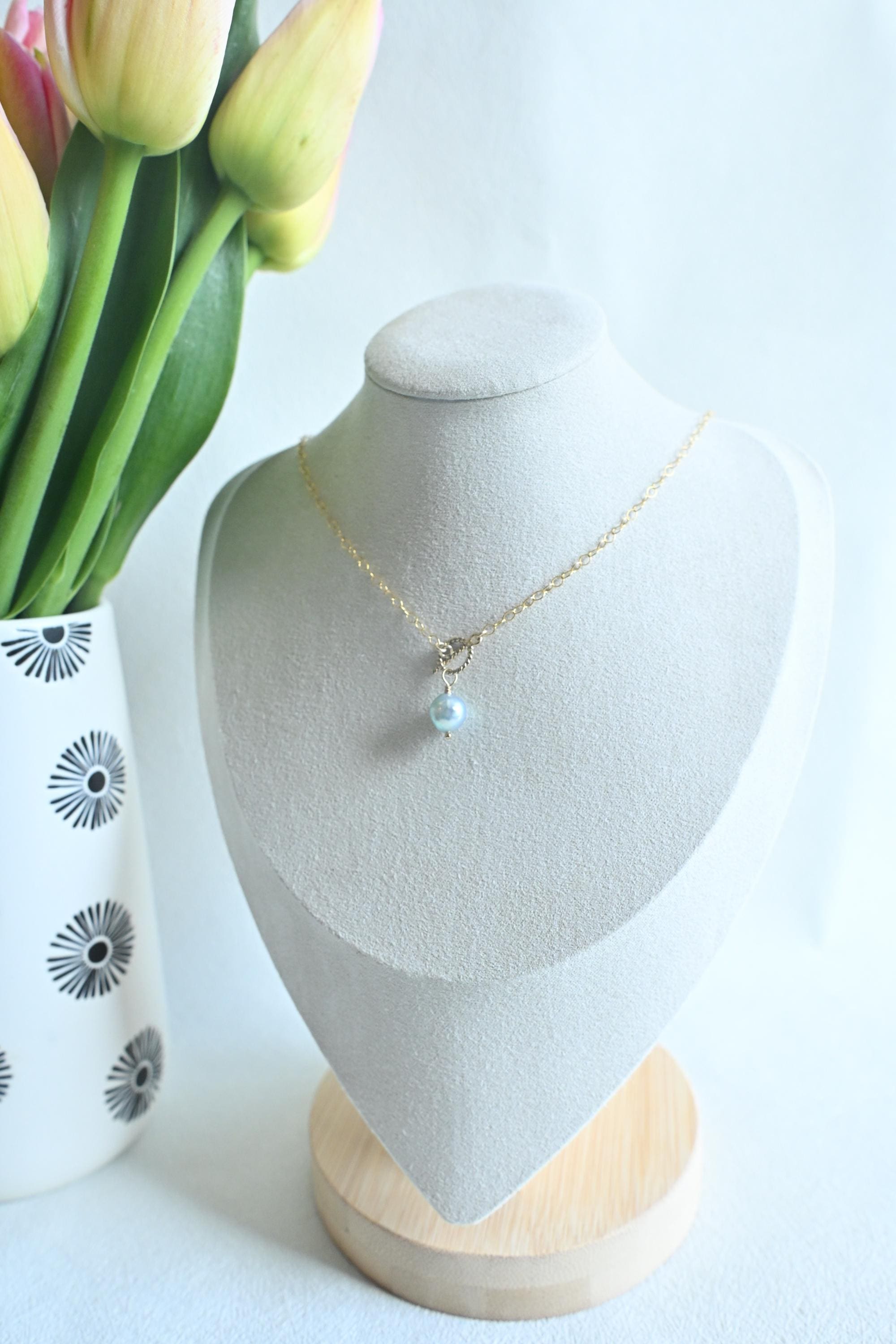 Single Large near-round blue Akoya Pearl with toggle clasp closure (etsy image id: 7926862139)