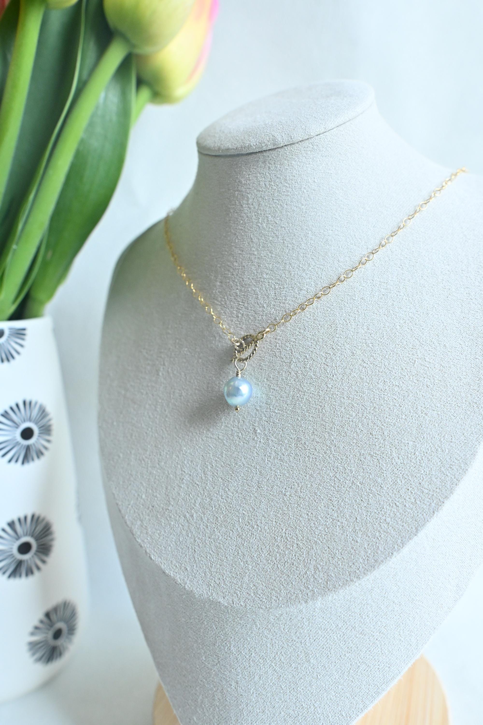 Single Large near-round blue Akoya Pearl with toggle clasp closure (etsy image id: 7926862145)