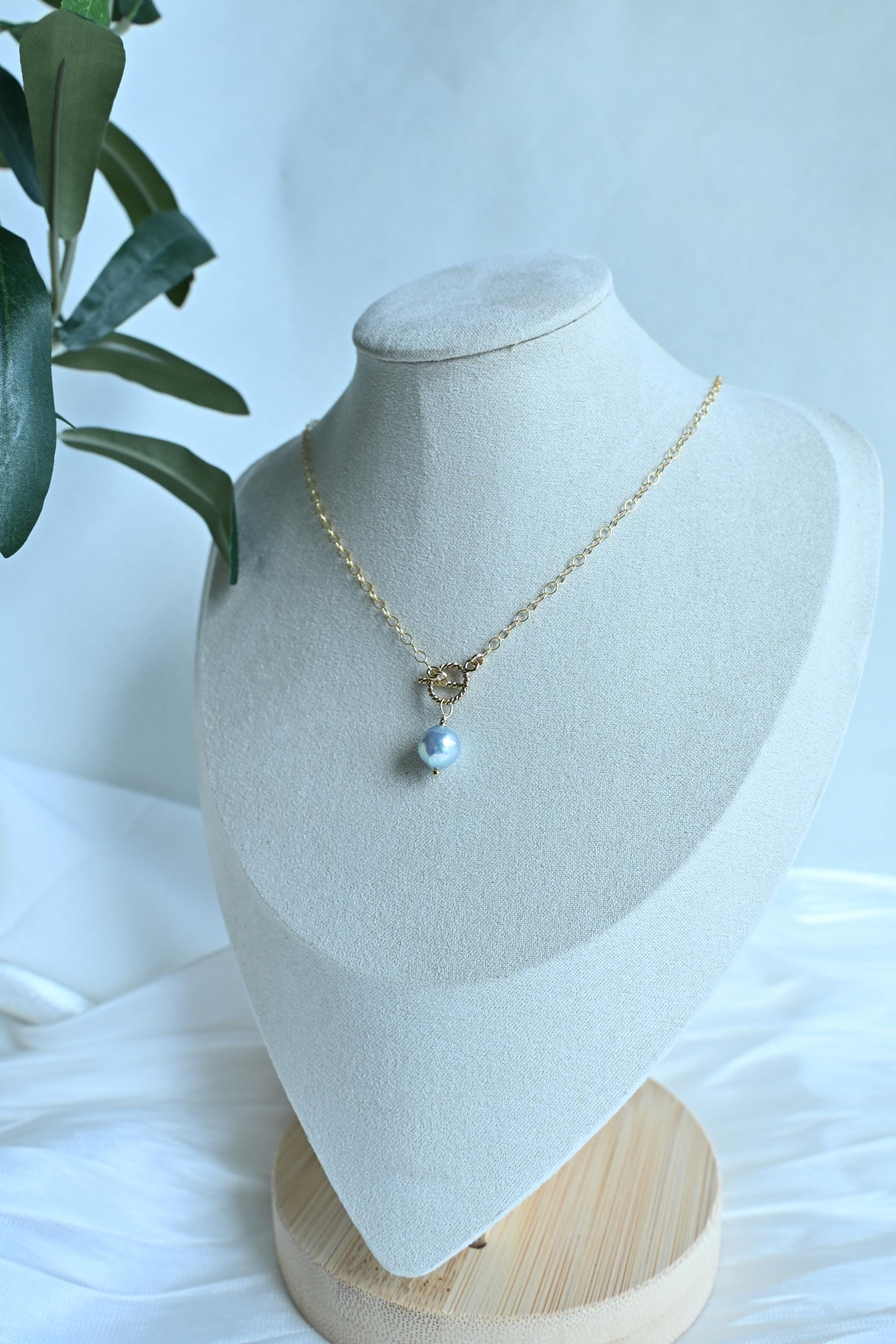 Single Large near-round blue Akoya Pearl with toggle clasp closure (etsy image id: 7926862155)