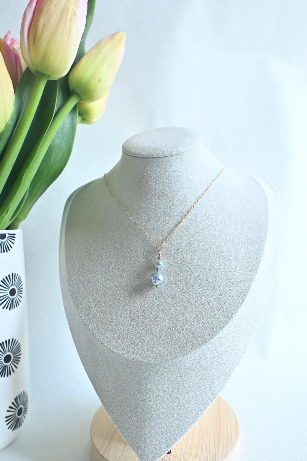 Large and small near-round blue Akoya Pearl necklace with beads (etsy image id: 7926872341)