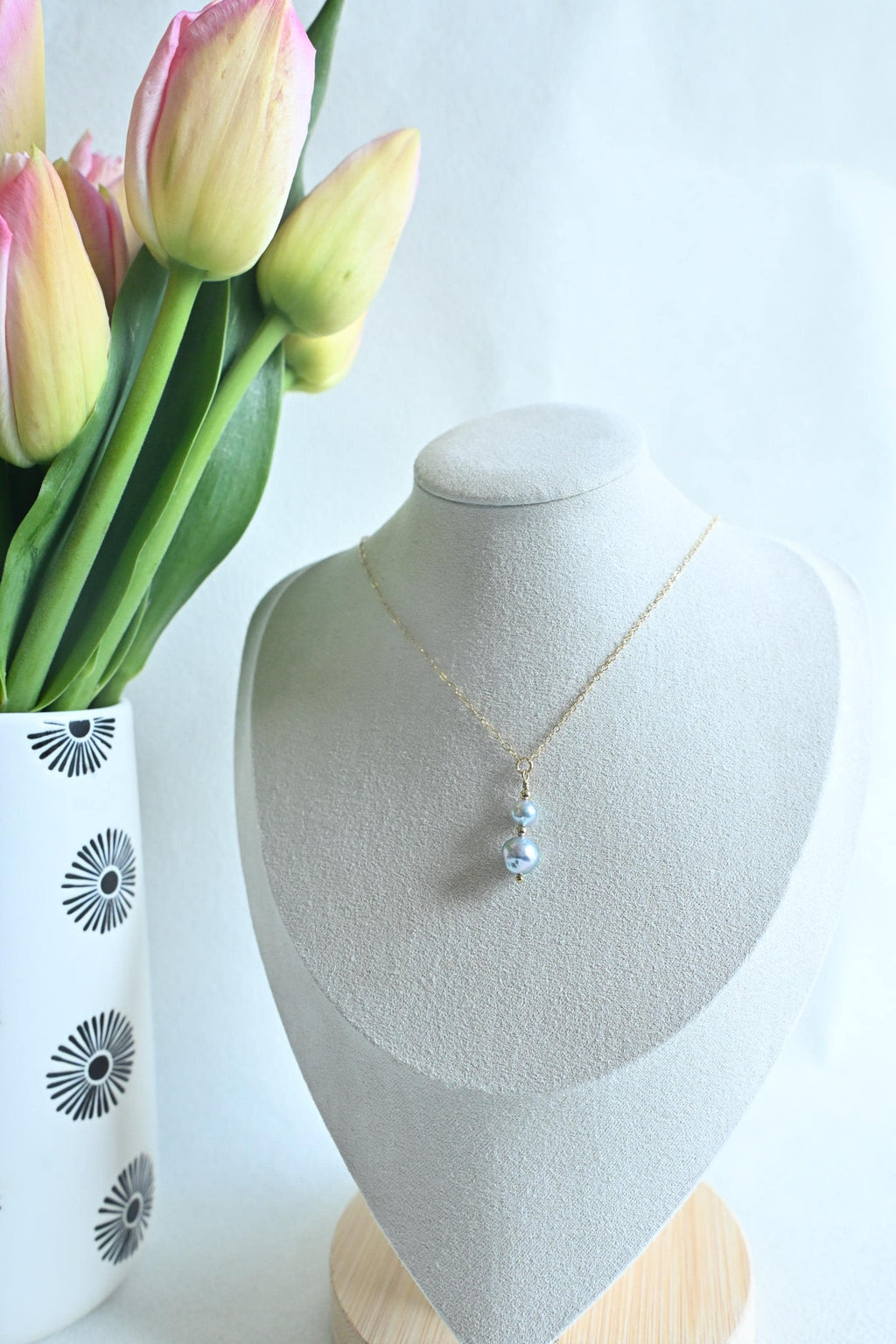 Large and small near-round blue Akoya Pearl necklace with beads (etsy image id: 7926872343)