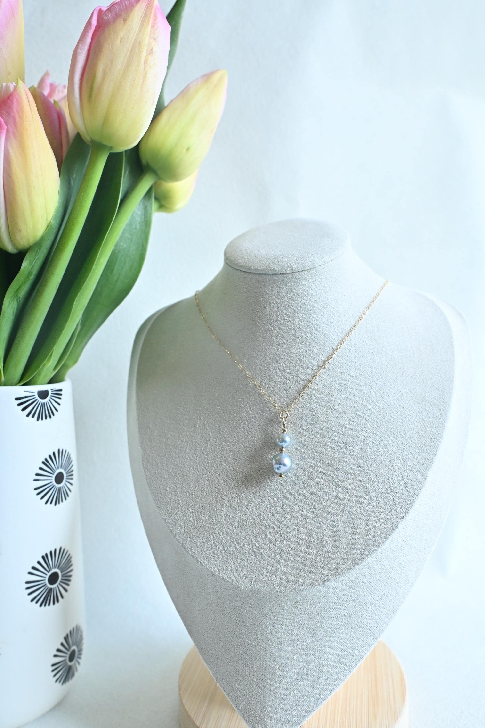 Large and small near-round blue Akoya Pearl necklace with beads (etsy image id: 7926872343)