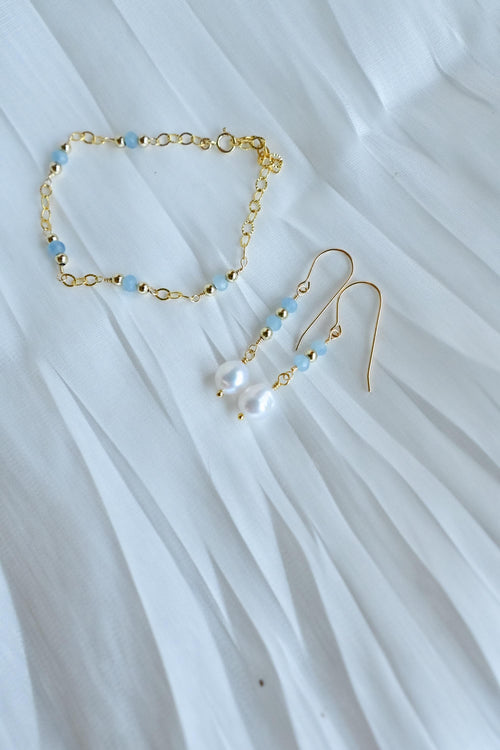 14k Gold Filled Aquamarine Gemstone Bracelet & Pearl Earrings Set (etsy image id: 7957653699)