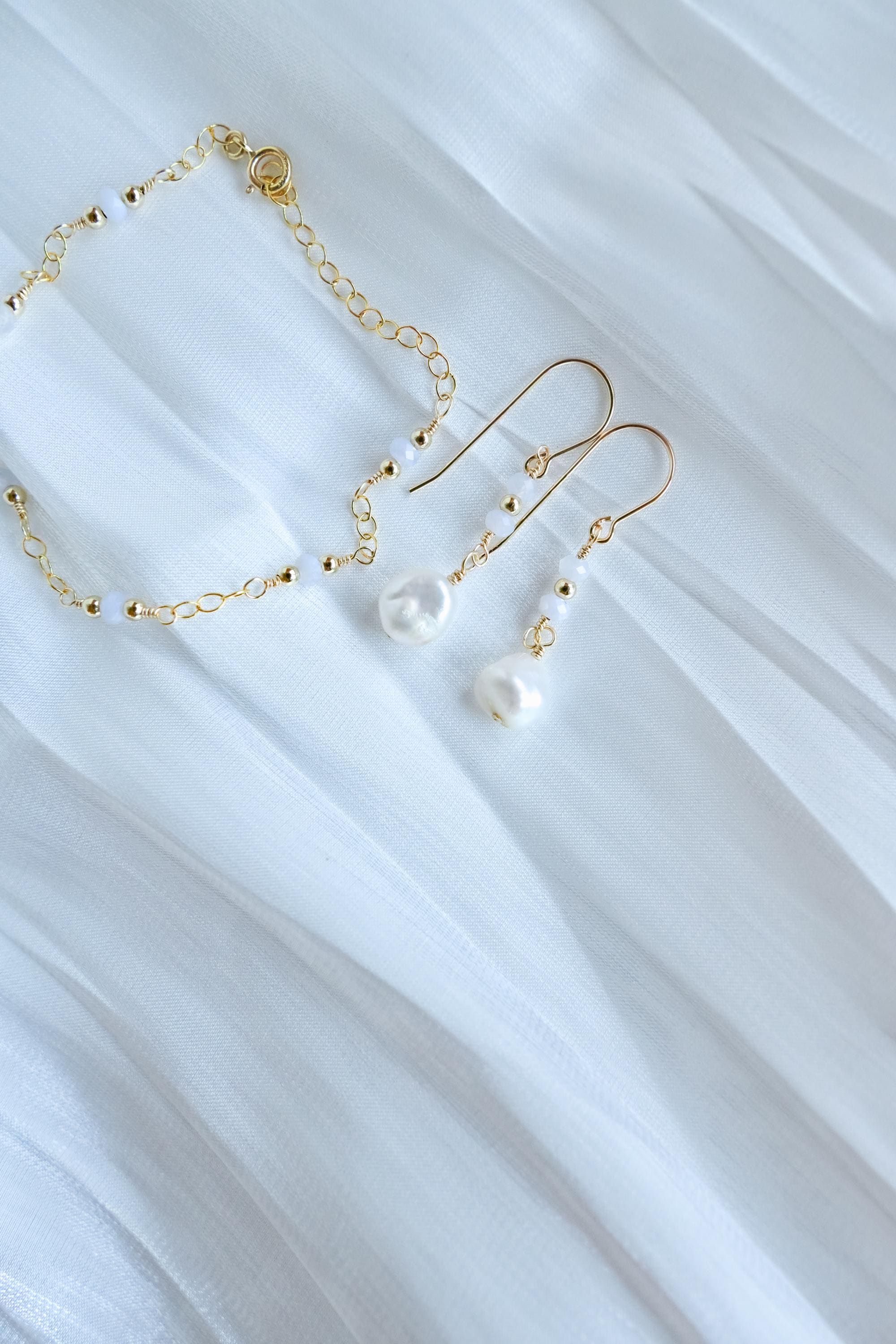 Gold Filled Chalcedomy earrings with white Keshi freshwater pearl (etsy image id: 7957672921)