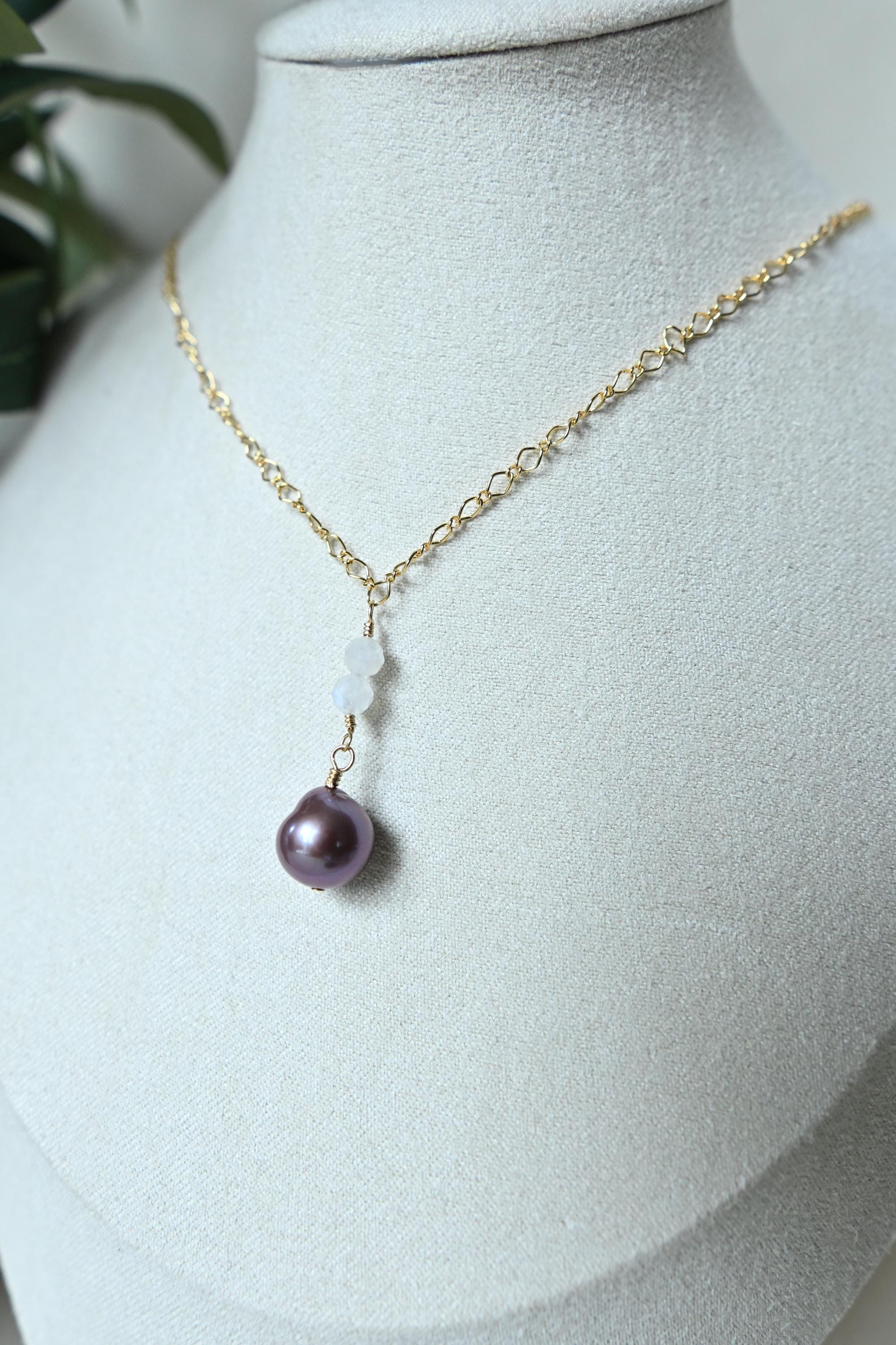 Purple Edison pearl and moonstone necklace on gold filled chain (etsy image id: 8008006900)